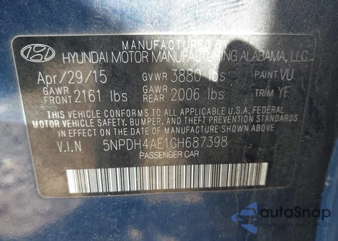 2016 Hyundai Elantra Se from USA, damaged, VIN 5NPDH4AE1GH687398